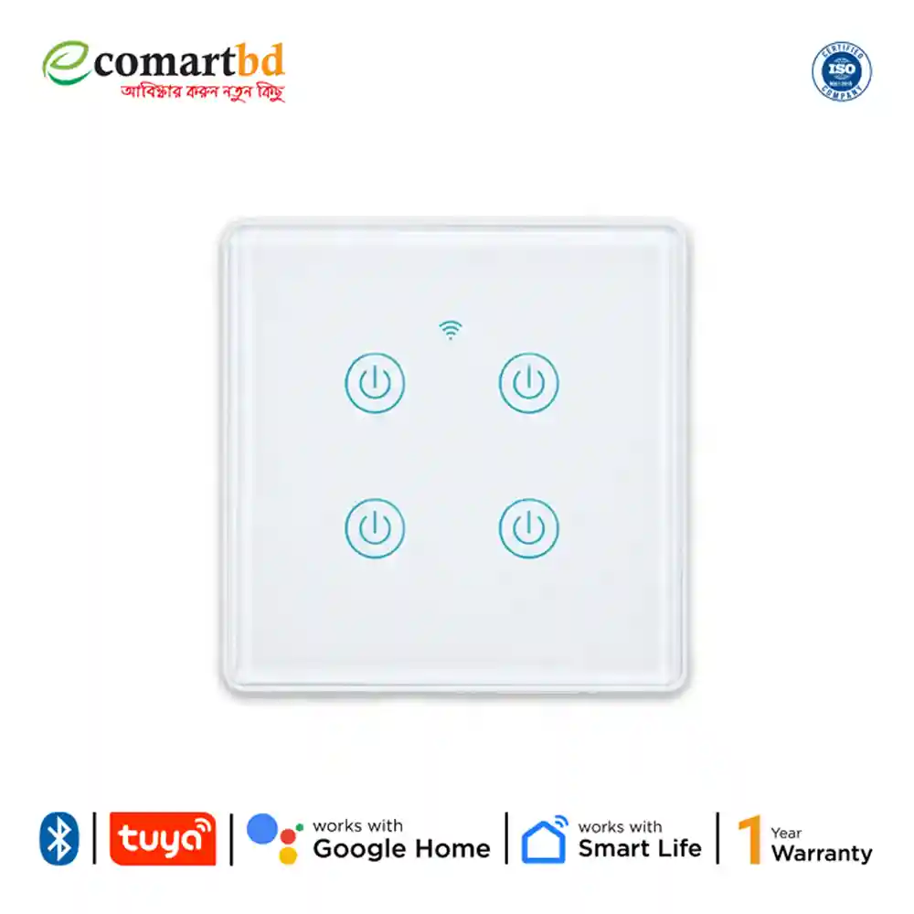 4 Gang WiFi + Bluetooth Smart Touch Wall Switch (৪ গ্যাং ওয়াই-ফাই স্মার্ট সুইচ)