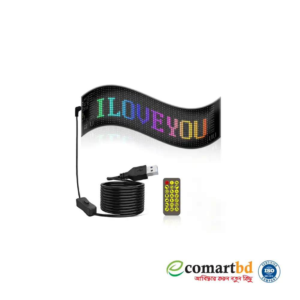 Programmable Flexible LED matrix panel with a USB power cable and remote control.