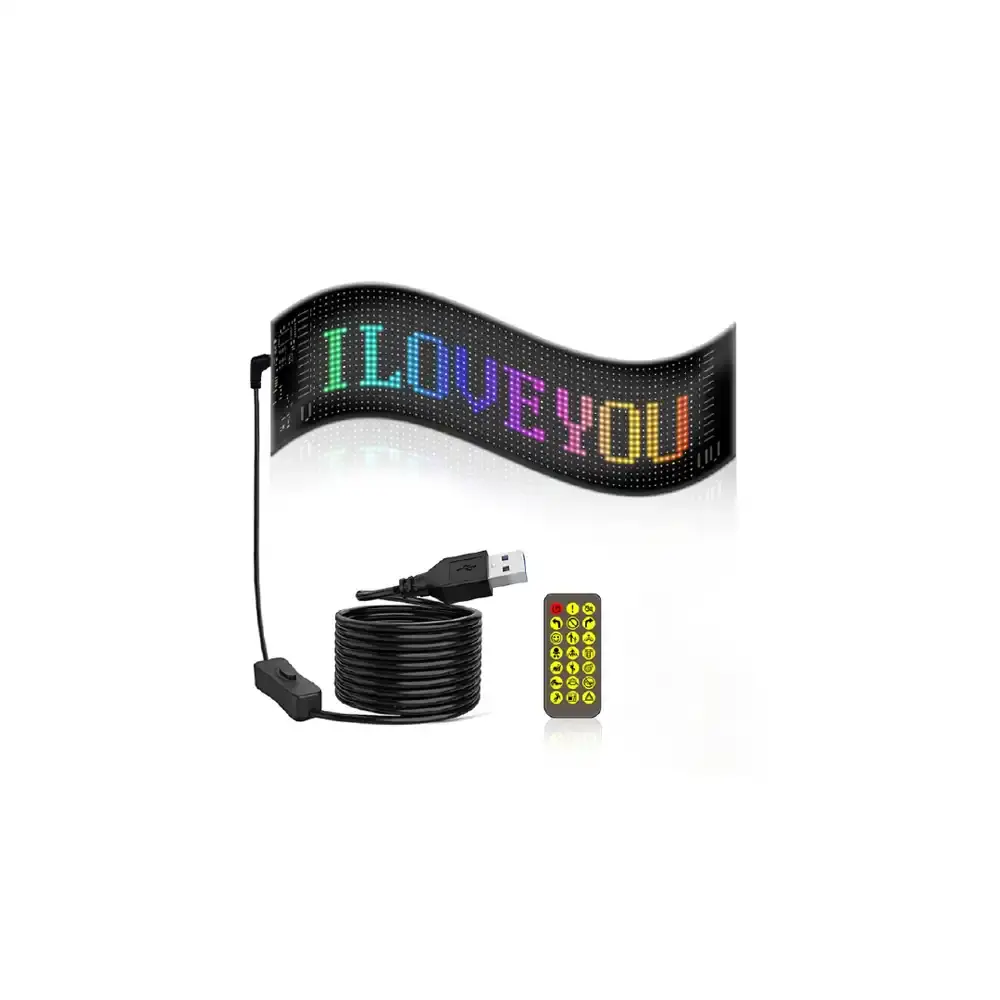 Programmable Flexible LED matrix panel with a USB power cable and remote control.
